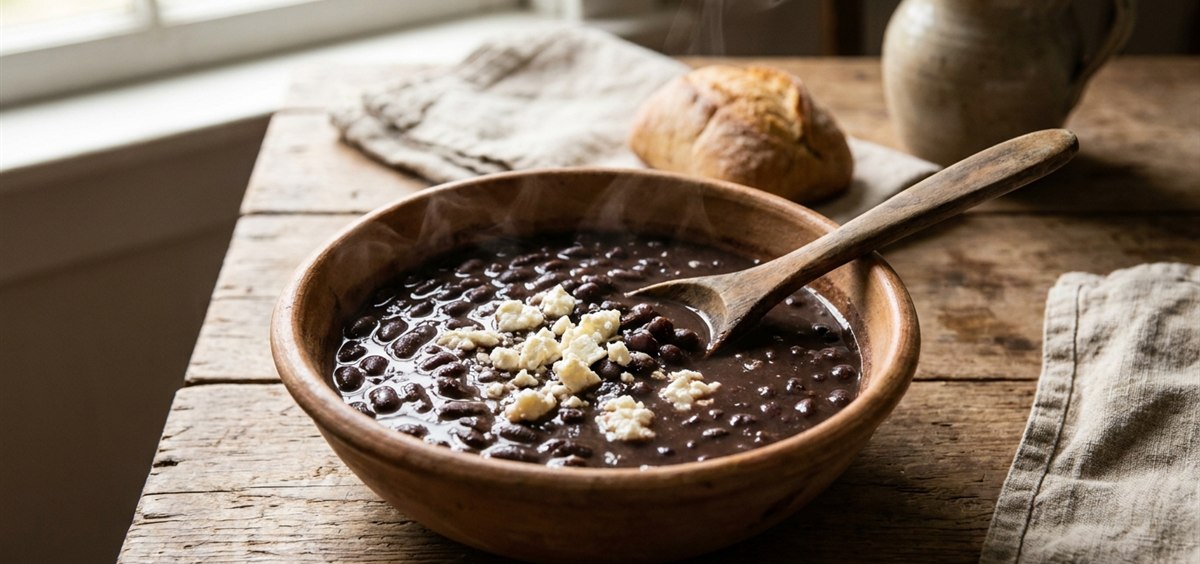 Rustic clay bowl of glossy Venezuelan caraotas negras black beans topped with crumbled white cheese and steam rising