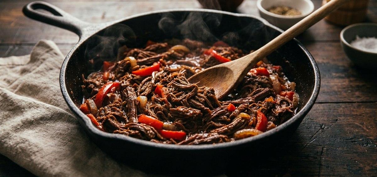 Cast iron pan full of Venezuelan carne mechada, slow-cooked shredded beef in seasoned sofrito with peppers and onions