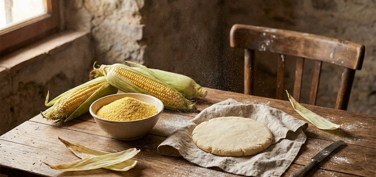 Rustic wooden table with fresh corn cobs, a bowl of cornmeal and freshly shaped arepa dough in warm light