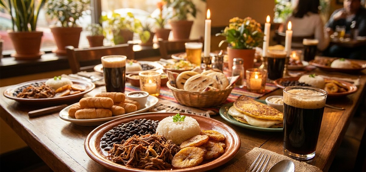 Abundant celebratory Venezuelan dinner table with pabellón criollo, tequeños, arepas, cachapa and glasses of malta