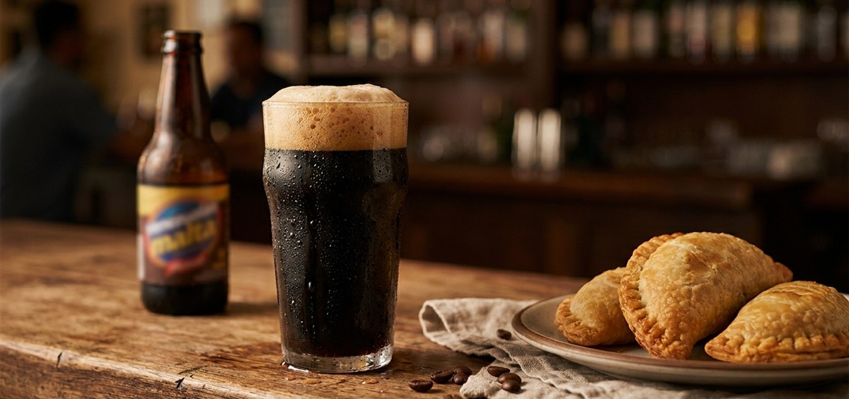 Cold glass of dark Venezuelan malta with dense foam and condensation next to golden empanadas on a wooden table