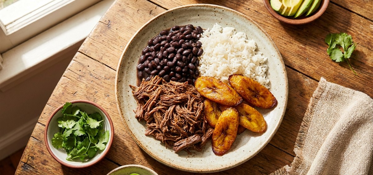 Overhead view of a traditional Venezuelan pabellón criollo plate with shredded beef, black beans, white rice and sweet plantains