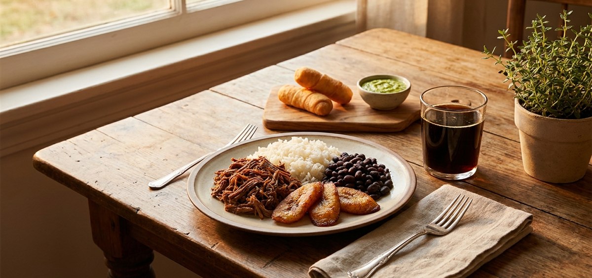 Elegant Venezuelan dinner with pabellón criollo, tequeños, green sauce and a glass of malta in warm evening light