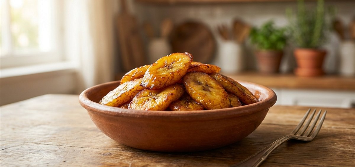 Caramelized fried sweet plantain slices called tajadas in a rustic clay dish with golden brown edges