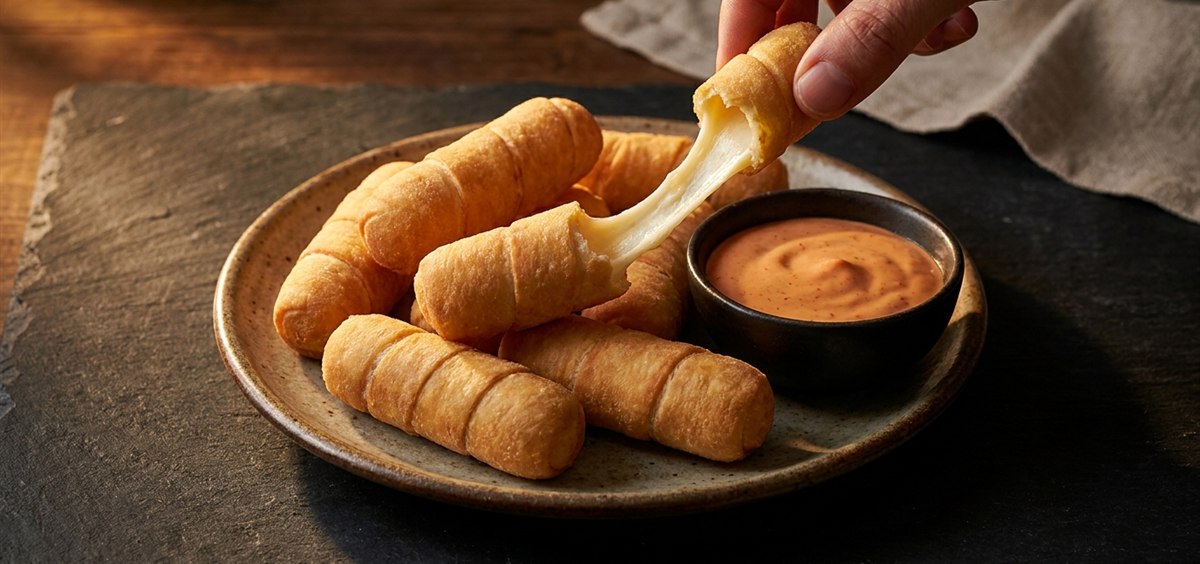 Plate of golden Venezuelan tequeños with one pulled apart showing soft white cheese stretching between the halves