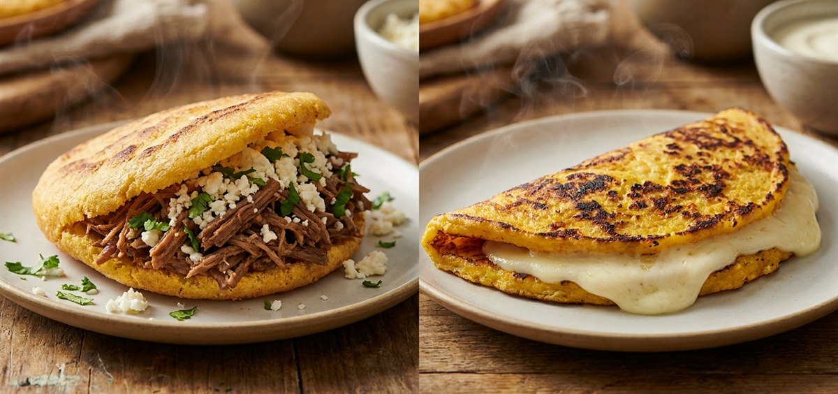Venezuelan arepa filled with shredded beef and white cheese next to a folded sweet corn cachapa with melted cheese on a rustic wooden table