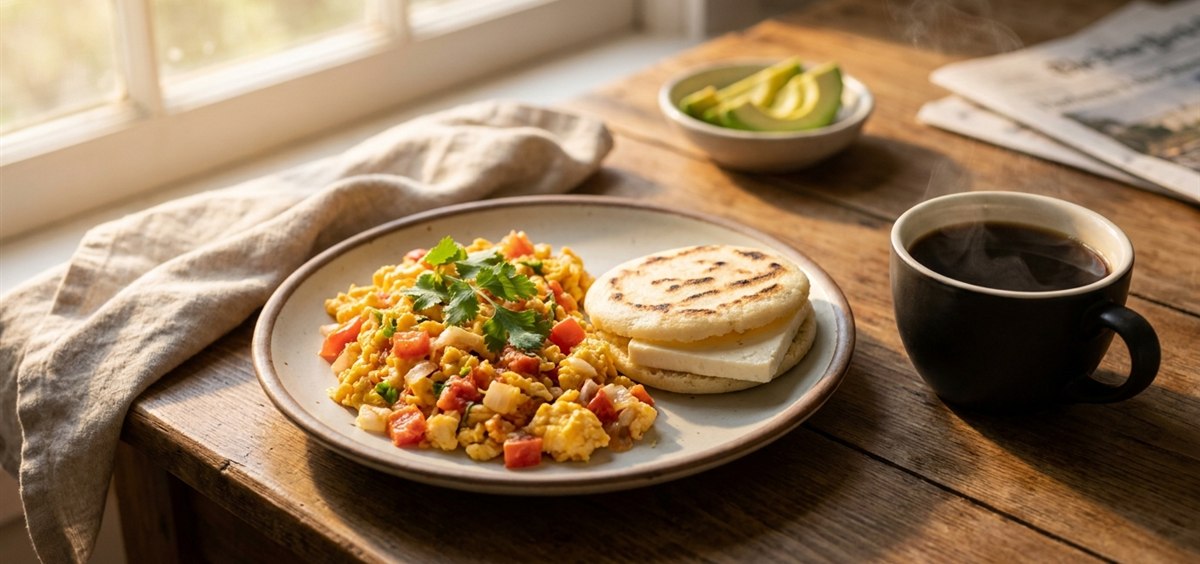 Venezuelan breakfast table with perico scrambled eggs, an arepa with white cheese and black coffee in warm morning light