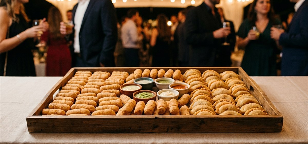 Elegant catering tray with rows of golden mini tequeños and Venezuelan empanadas with dipping sauces at a festive party