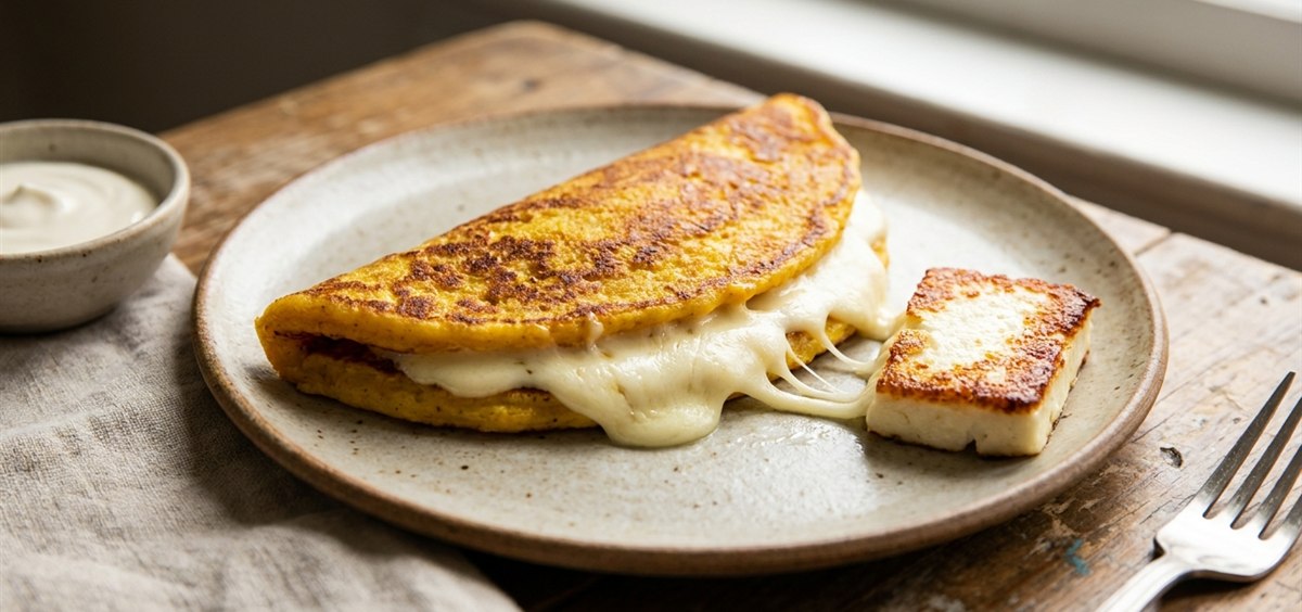 Folded golden cachapa with abundant melted white cheese oozing from the fold on a rustic plate
