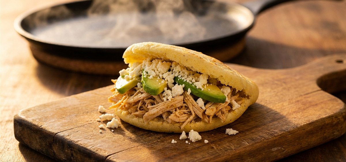 Thick Venezuelan arepa opened like a pocket and filled with shredded chicken, avocado and white cheese on a wooden board