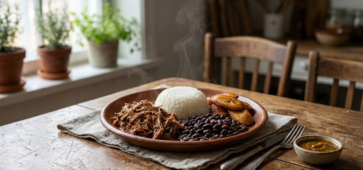 Steaming homestyle plate of Venezuelan comfort food with shredded beef, rice, black beans and sweet plantains on a wooden family table