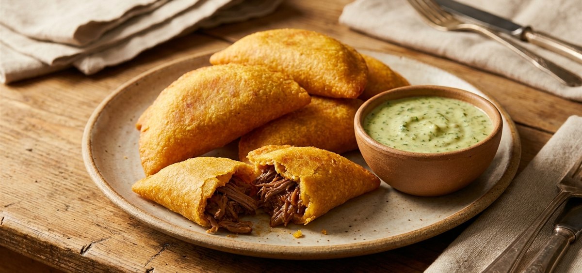 Golden fried Venezuelan corn empanadas on a rustic plate, one broken open showing shredded beef filling, with green guasacaca sauce