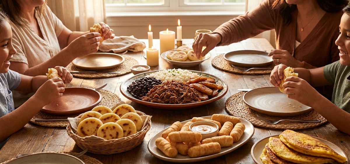 Warm family dinner table with pabellón criollo at the center surrounded by arepas, tequeños and cachapas being shared