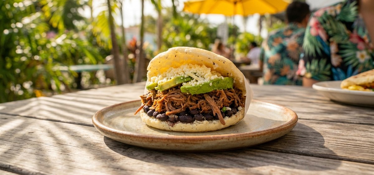 Vibrant filled Venezuelan arepa on a bright plate at an outdoor Miami cafe table with tropical light