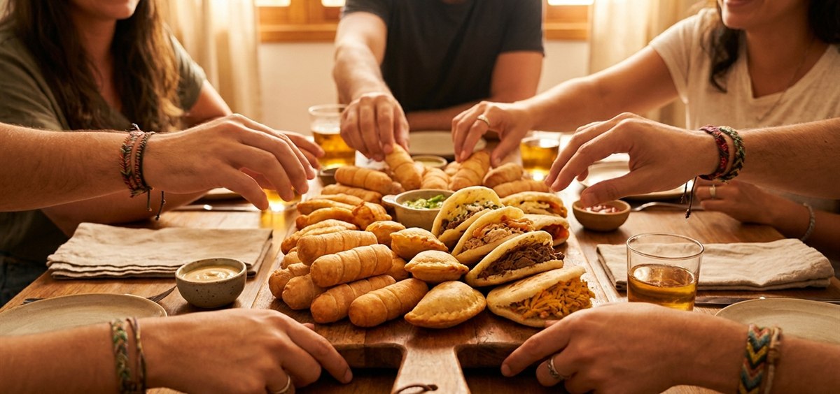 Generous shared platter of tequeños, empanadas and arepas at the center of a lively table with hands reaching in