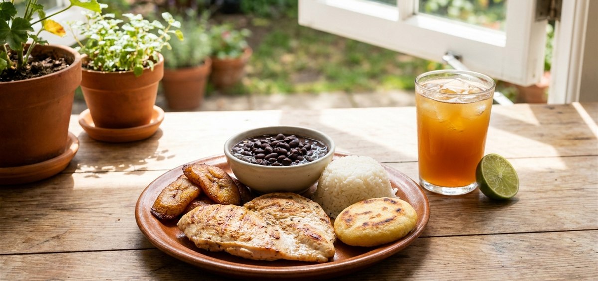 Complete Venezuelan lunch plate with grilled chicken, rice, black beans, sweet plantains and an arepa with fresh juice