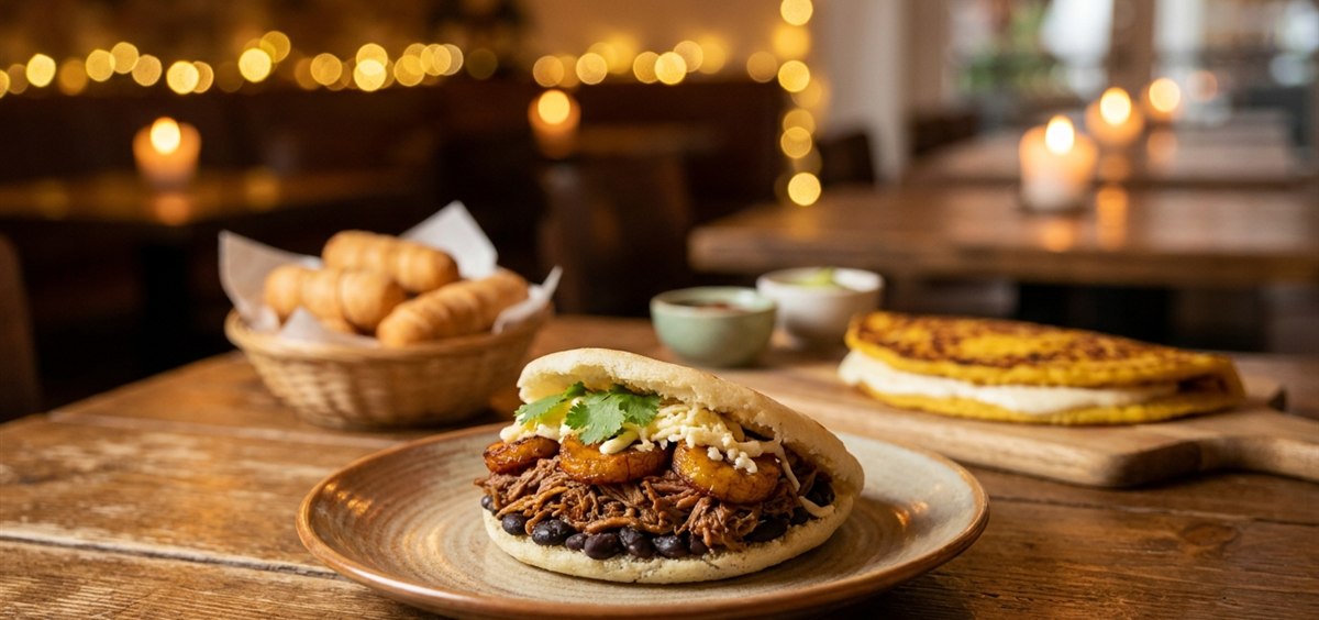 Inviting Venezuelan restaurant table with a filled arepa in front and tequeños and cachapa in the warm background