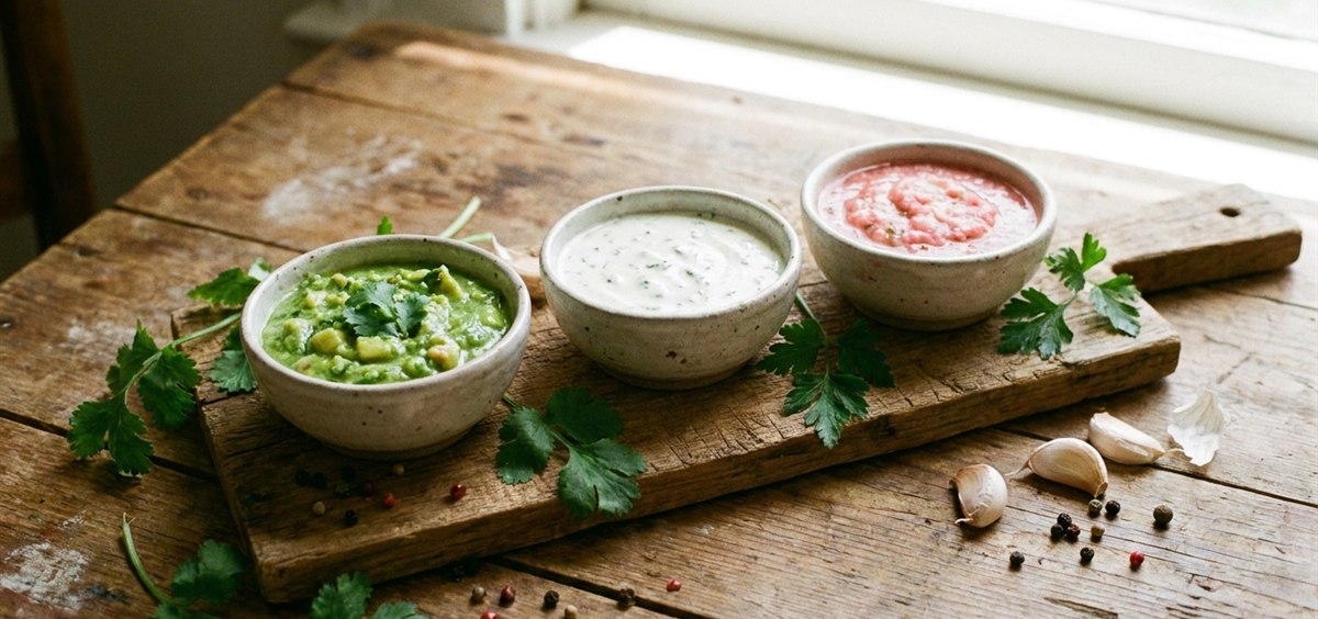 Three rustic bowls of Venezuelan sauces on a wooden board: green guasacaca, creamy garlic sauce and pink sauce with fresh herbs