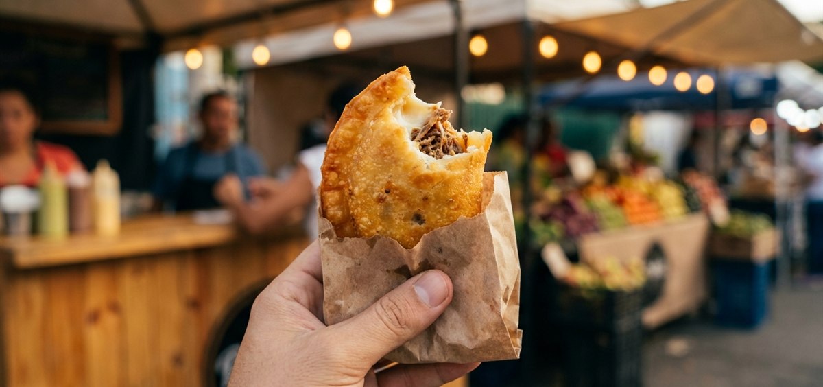 Hand-held Venezuelan empanada wrapped in paper at a street food stand with a warm blurred market background