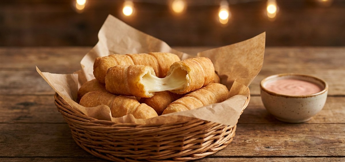 Woven basket of golden fried Venezuelan tequeños with one broken in half showing warm white cheese stretching
