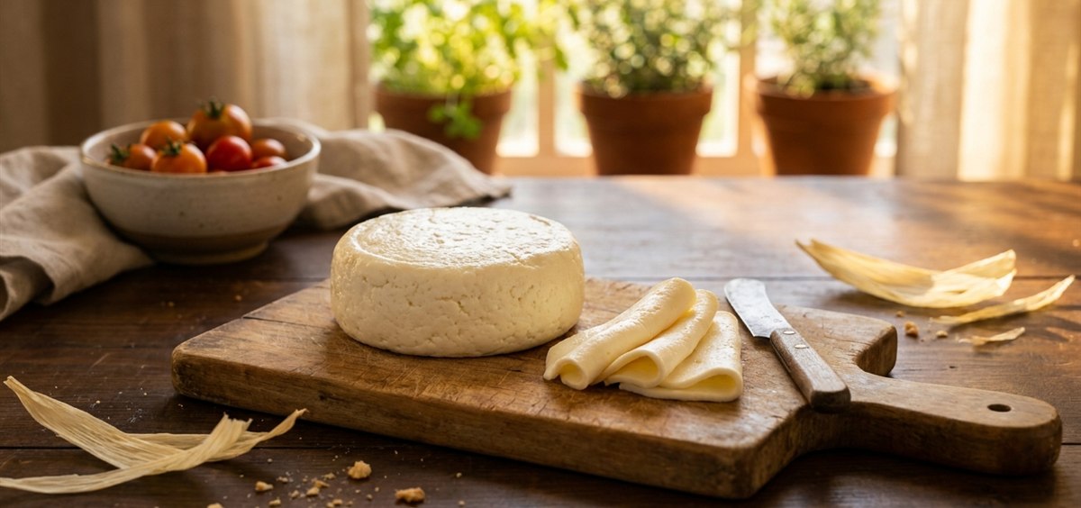 Wheel of fresh Venezuelan white cheese queso de mano partially sliced on a rustic wooden board in warm natural light